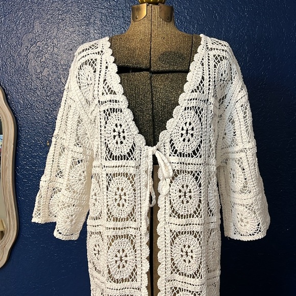 SOLITAIRE WHITE CROCHET GRANNY SQUARE OPEN KNIT CARDIGAN/KIMONO/DUSTER (M) - Picture 2 of 13